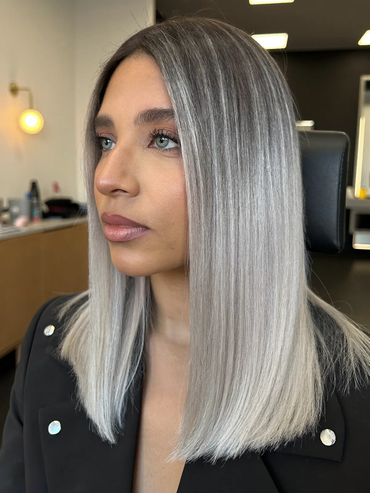 Sleek Silver Frost Long Bob with Precision Center Part