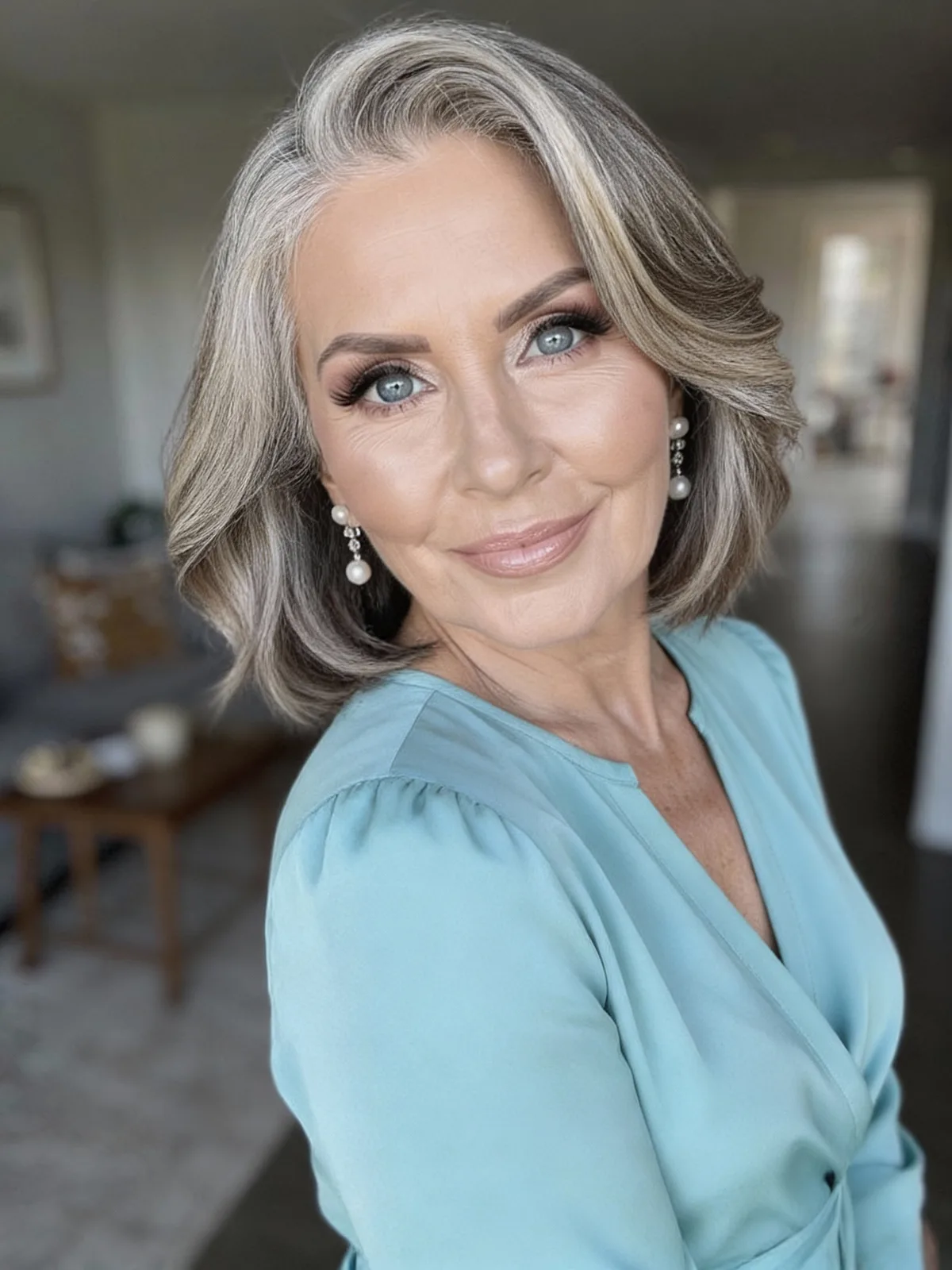 Wavy Silver Frost Bob with Side-Swept Bangs and Subtle Lowlights