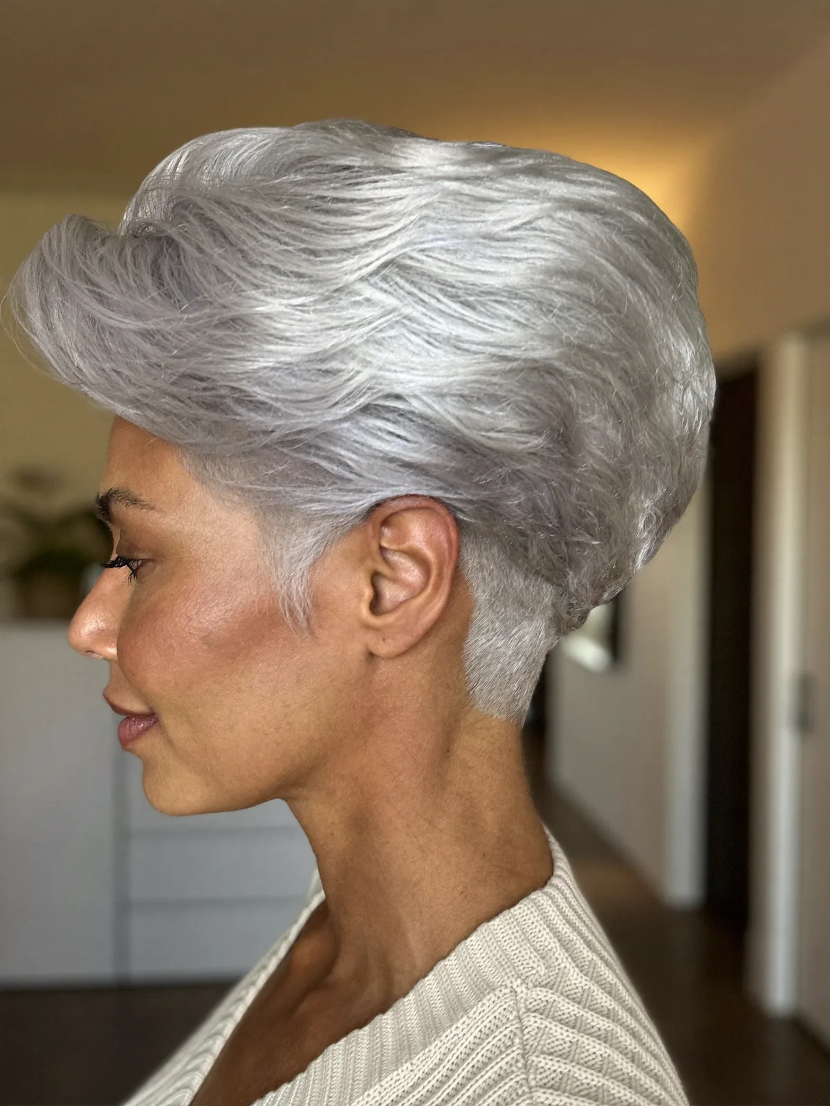 Silver Frost Voluminous Pixie Cut with Sculpted Layers