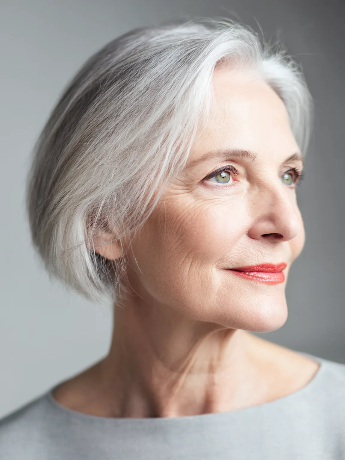 Classic Chin-Length Straight Silver Frost Bob with Side-Swept Bangs