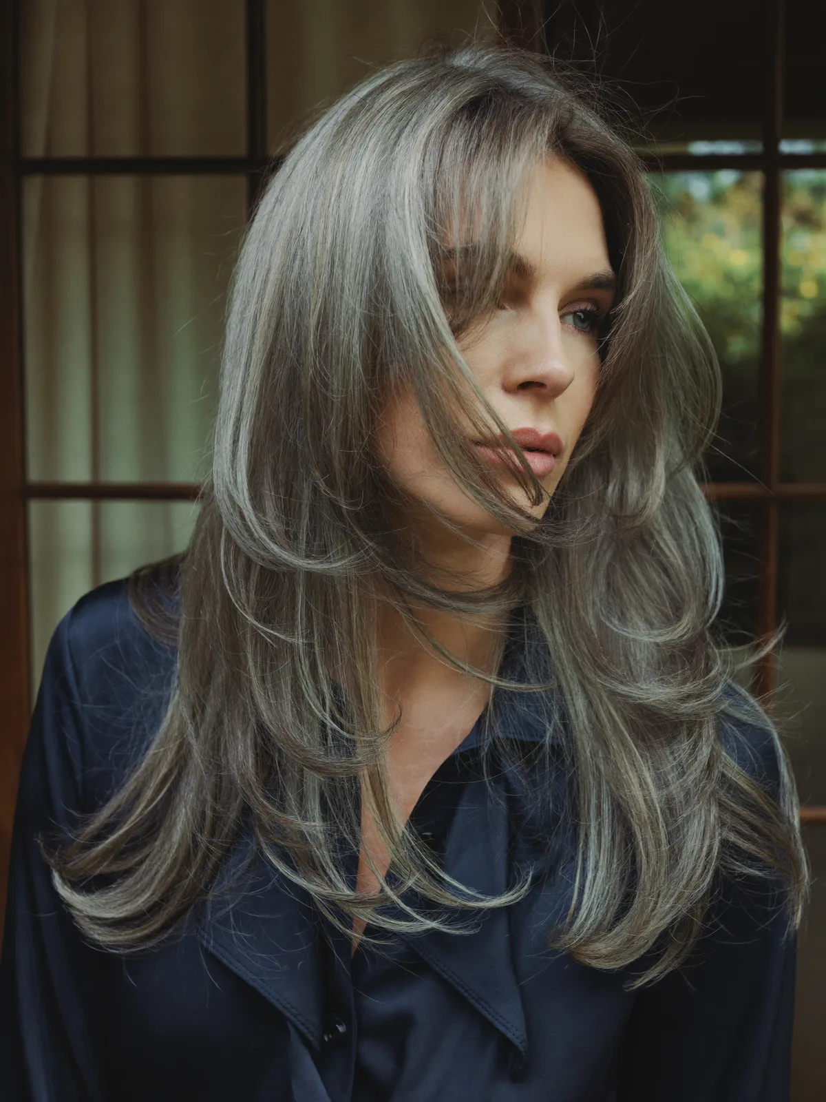 Silver Frost Long Layers with Soft Face-Framing Bangs