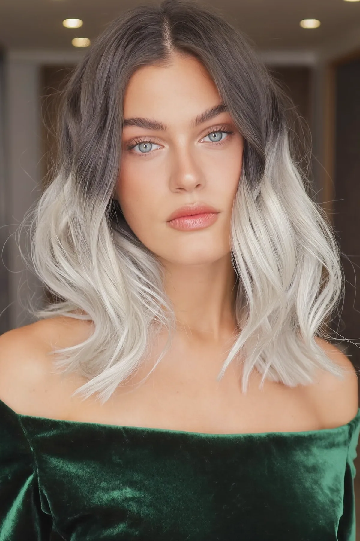 Silver Frost Balayage with Soft Wavy Lob Style