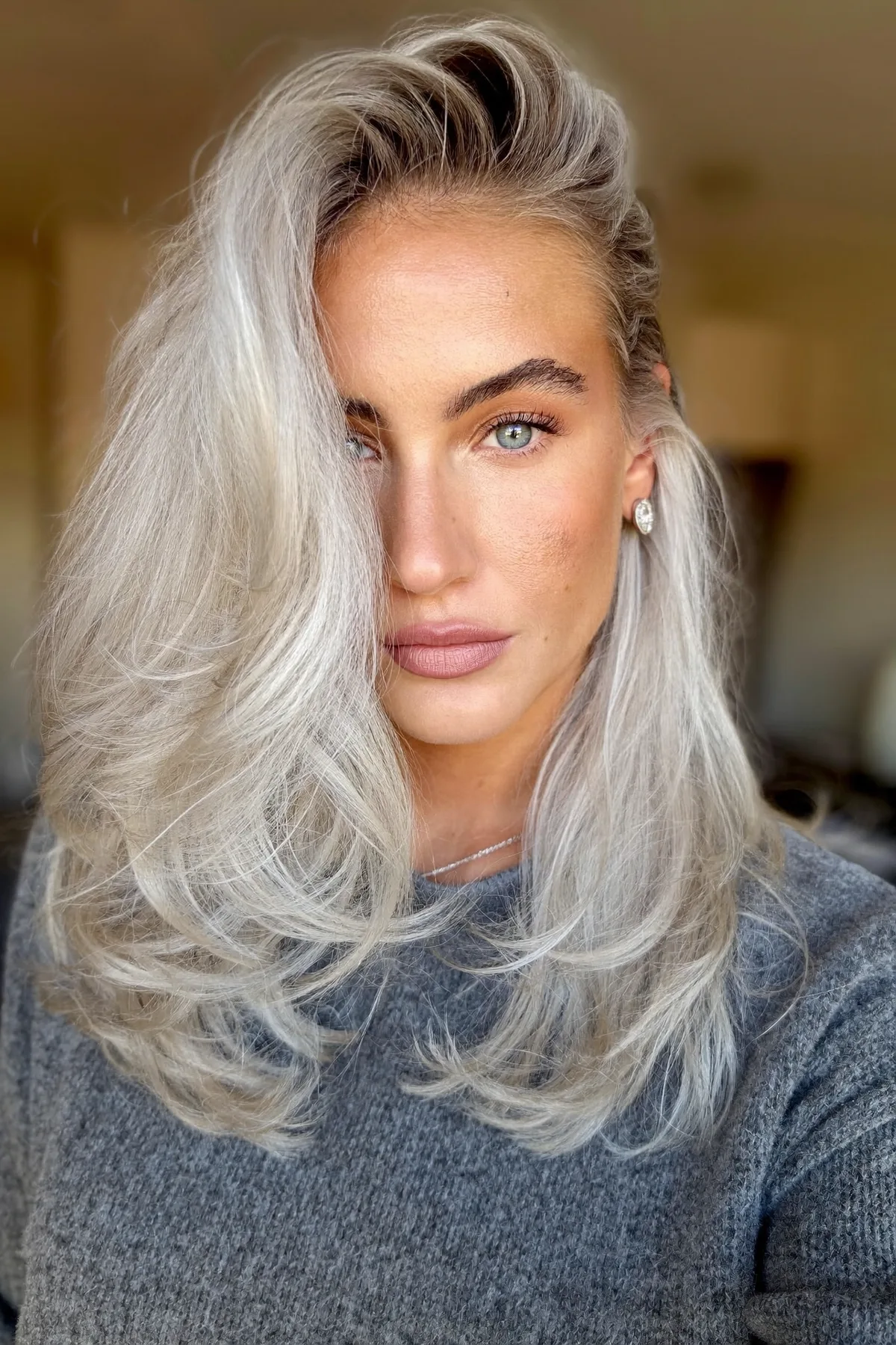 Silver Frost Long Layers with Voluminous Blowout Finish