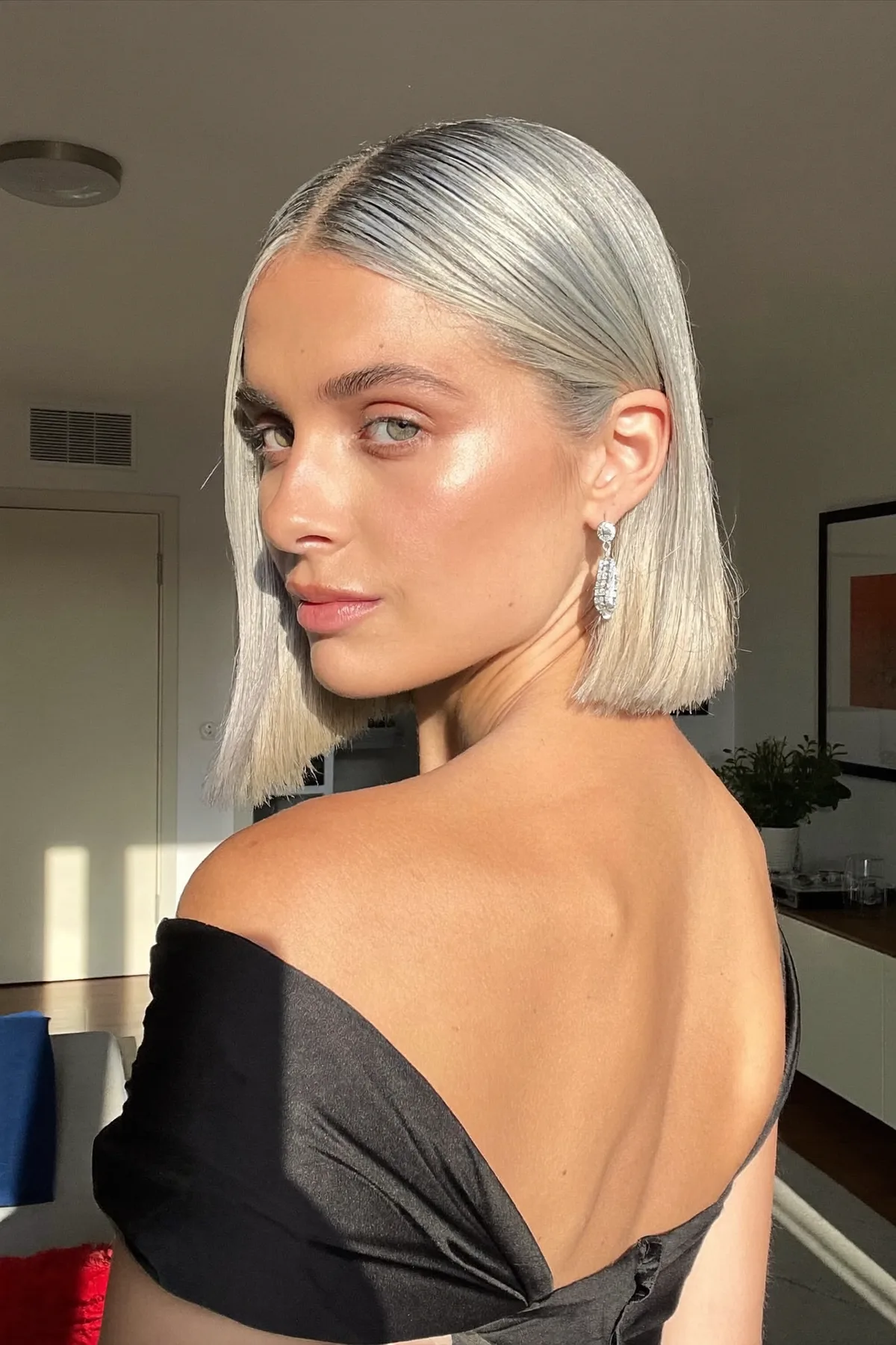 Sleek Silver Frost Bob with Center Part and Glossy Finish