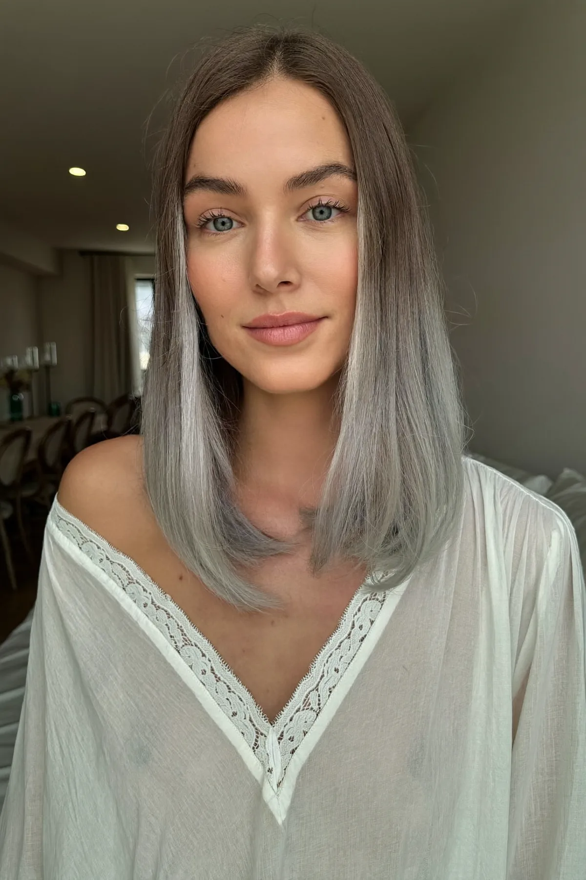 Silver Frost Ombre with Sleek Shoulder-Length Cut