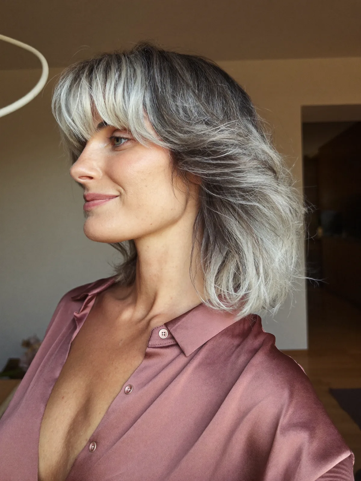 Silver Frost Natural Waves with Feathered Curtain Bangs