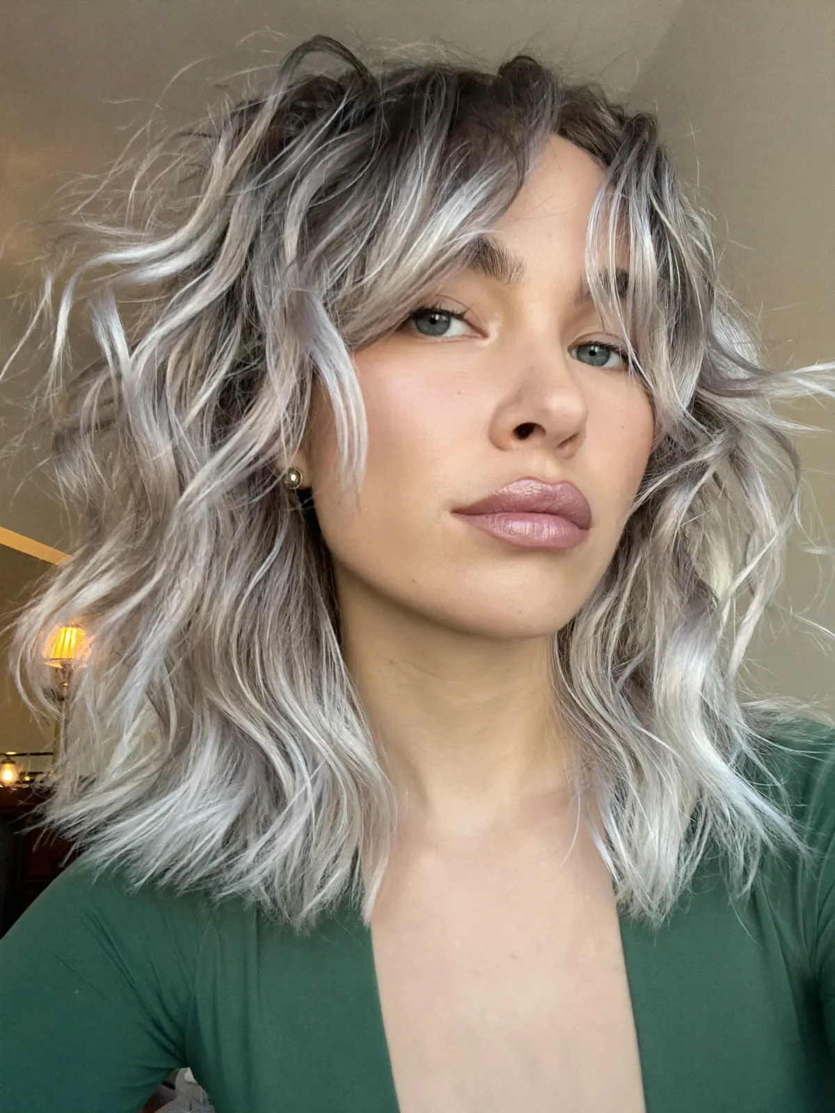 Silver Frost Wavy Lob with Face-Framing Layers and Texture