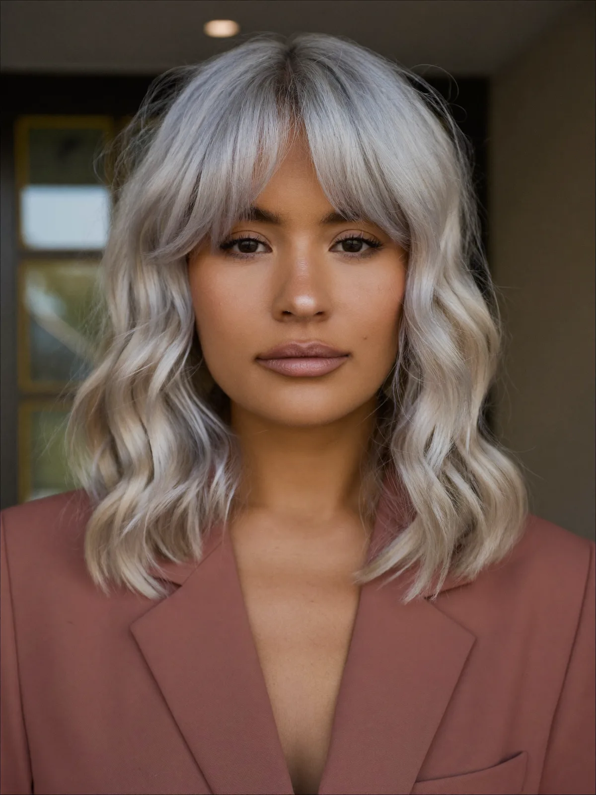 Silver Frost Long Bob with Soft Natural Waves and Curtain Bangs