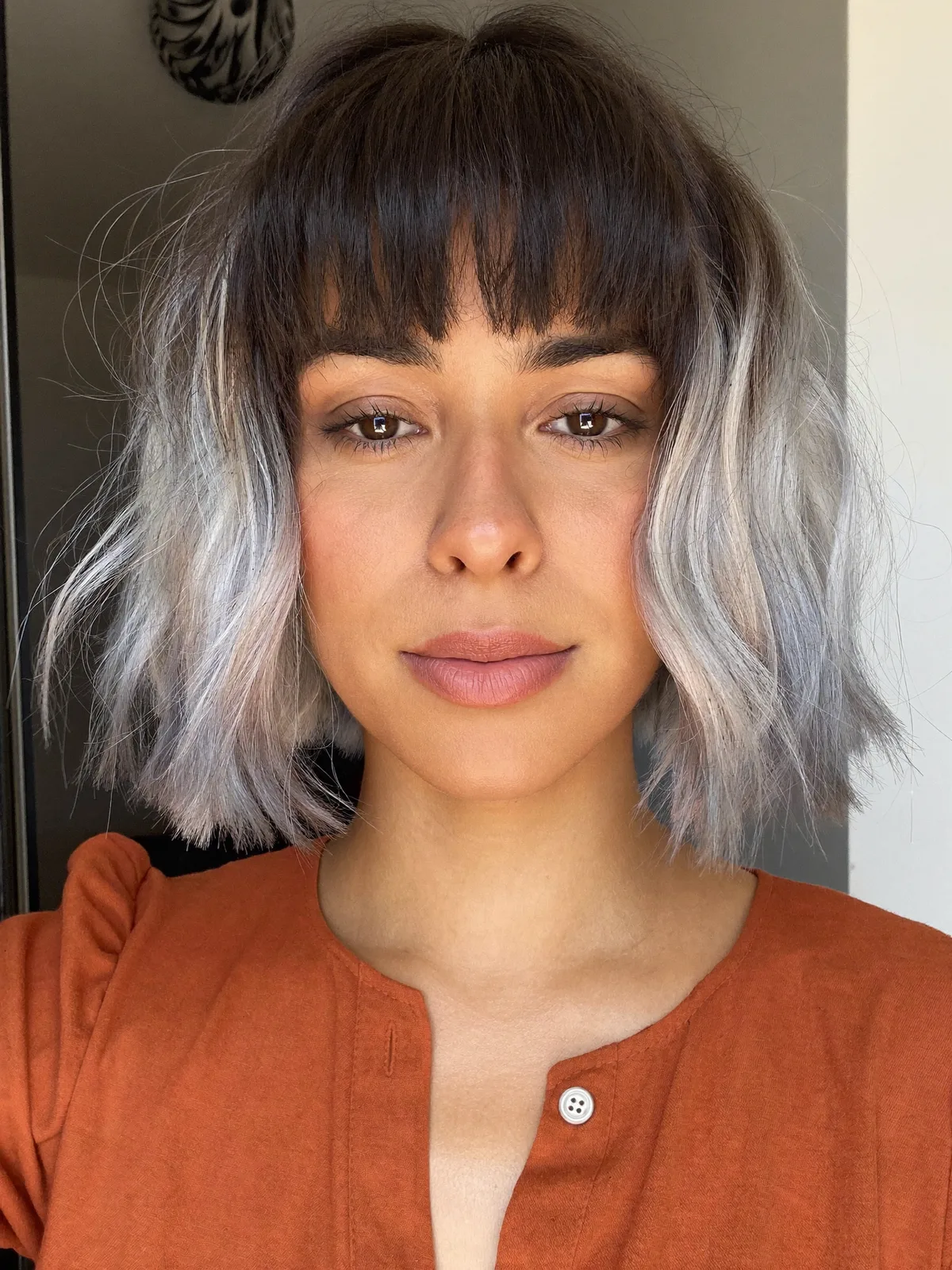 Silver Frost Wavy Bob with Dark Root Shadow and Fringe