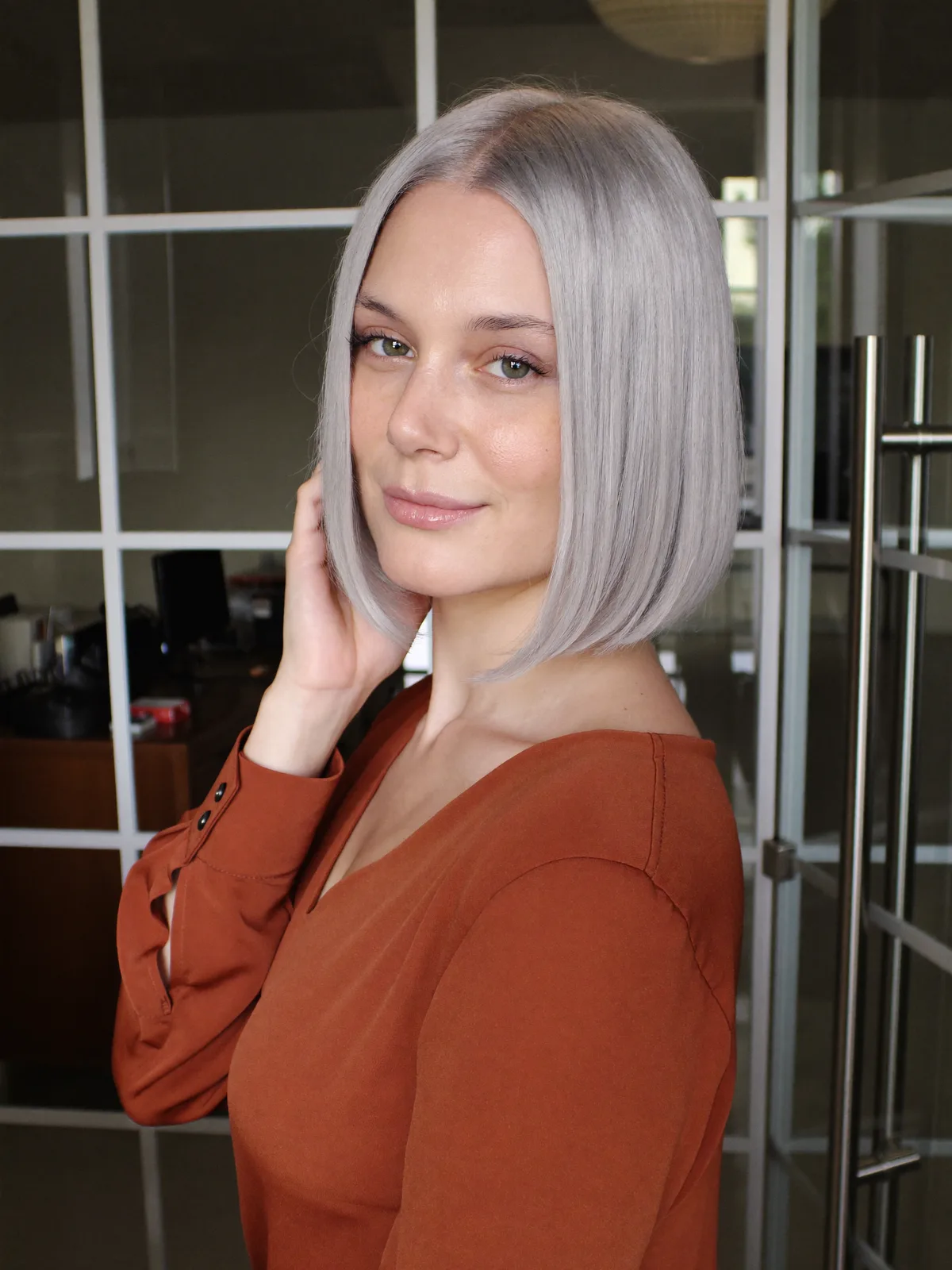 Sleek Silver Frost Jaw-Length Bob with Center Part