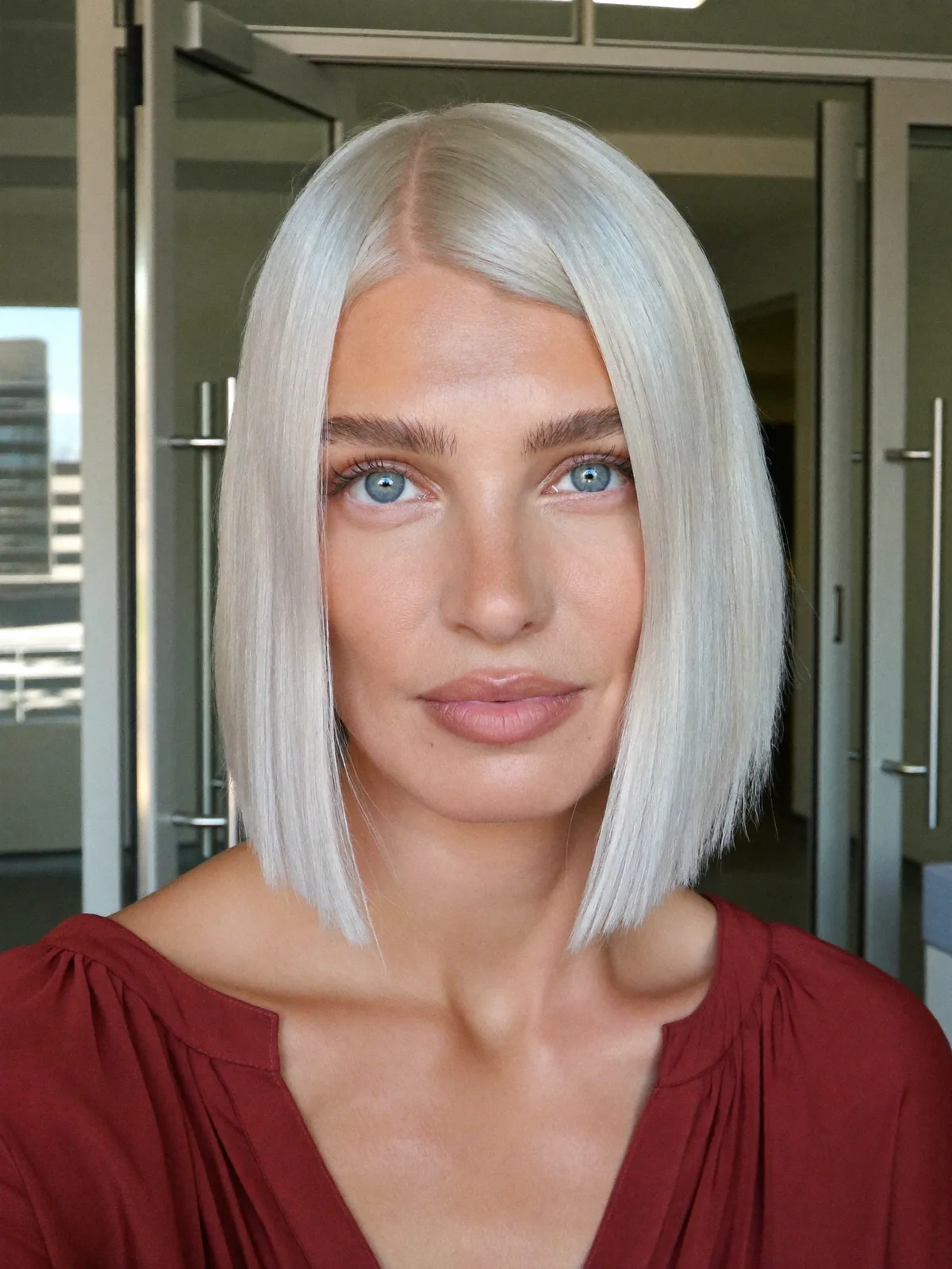 Platinum Silver Sleek Precision Jaw-Length Bob with Center Part