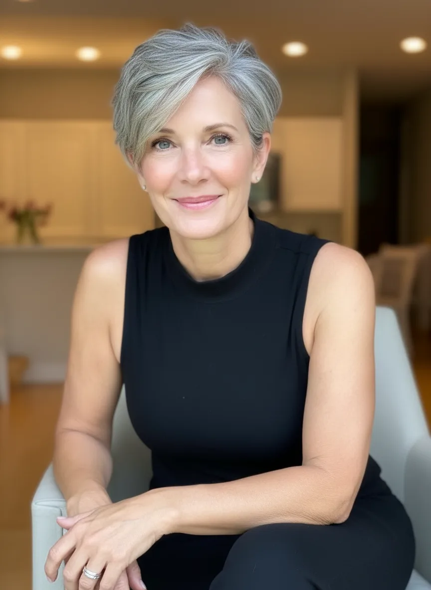 Elegant Silver Frost Pixie with Side-Swept Bangs