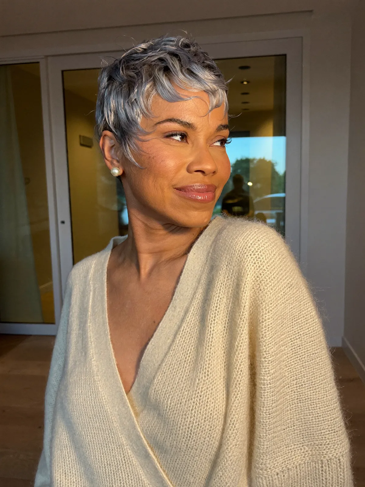 Textured Silver Frost Pixie Cut with Soft Face-Framing Layers