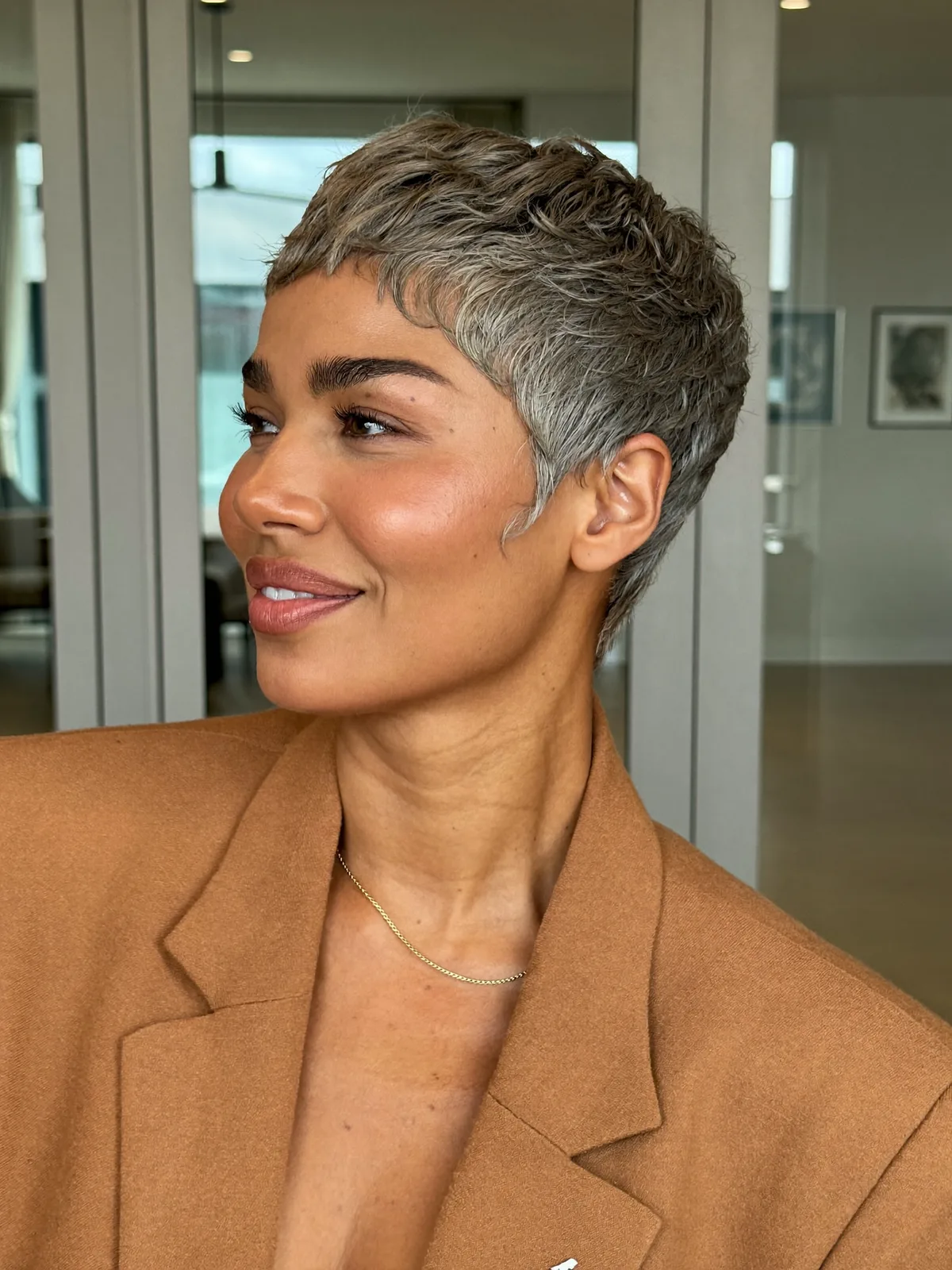 Textured Silver Frost Pixie Cut with Soft Face-Framing Layers