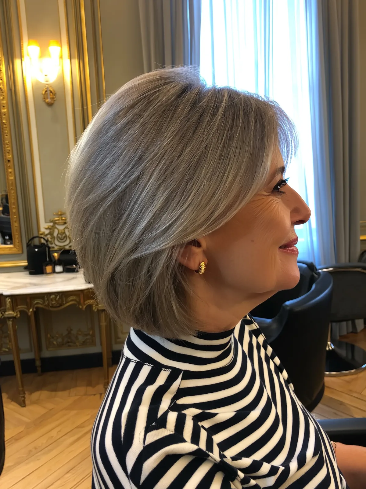Short Silver Ash Gray Bob with Side-Swept Bangs