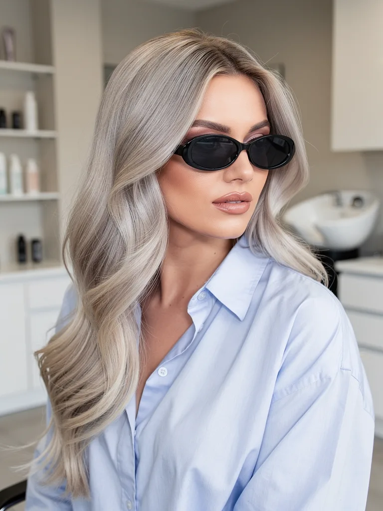 Long Voluminous Wavy Layers in Classic Silver Frost