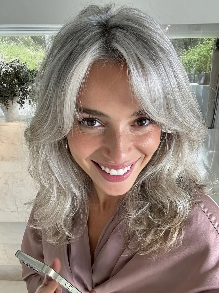 Shoulder-Length Wavy Silver Frost Layers with Curtain Bangs