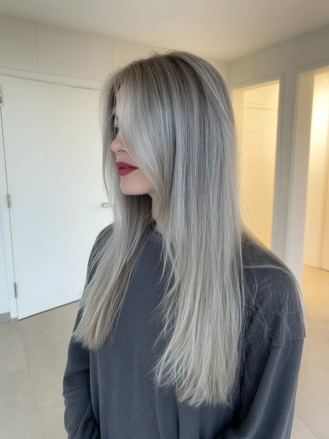 Long Straight Layers with Blunt Bangs in Silver Frost
