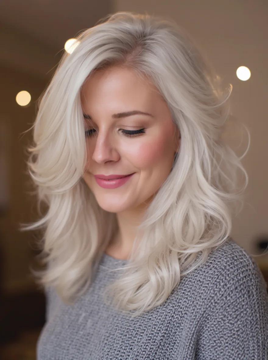Medium-Length Wavy Layers with Side-Swept Silver Frost Bangs