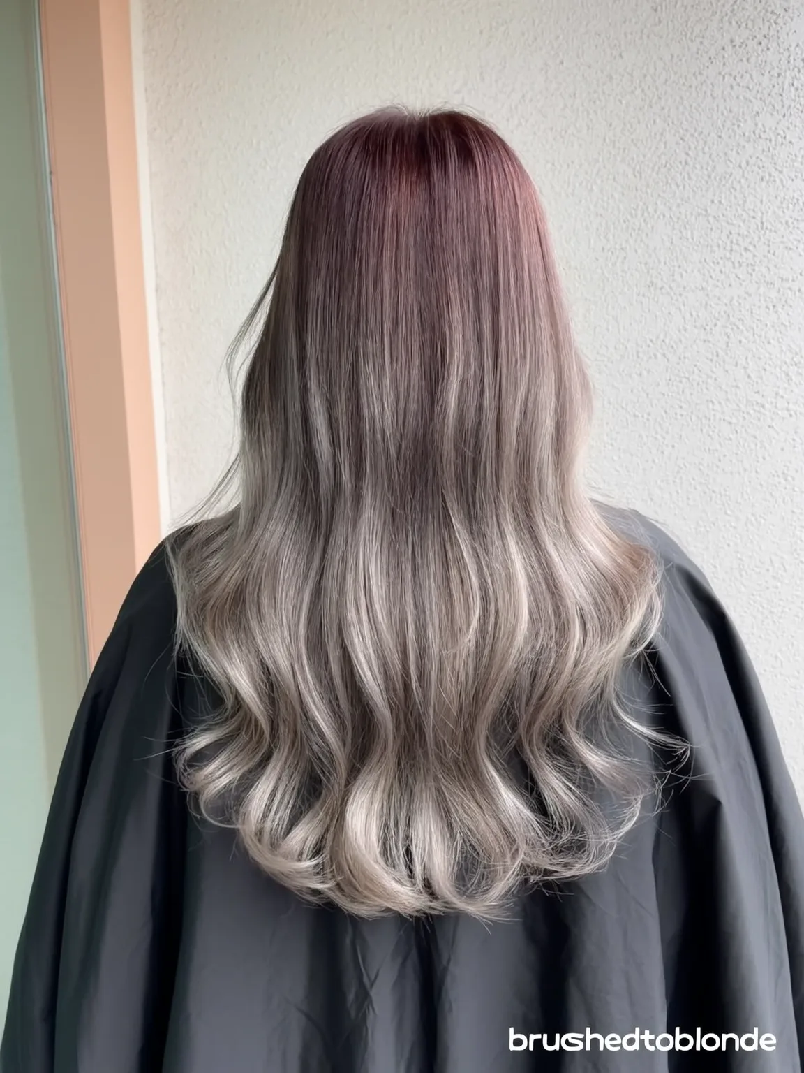 Long Wavy Layers with Silver Frost and Dark Root Contrast
