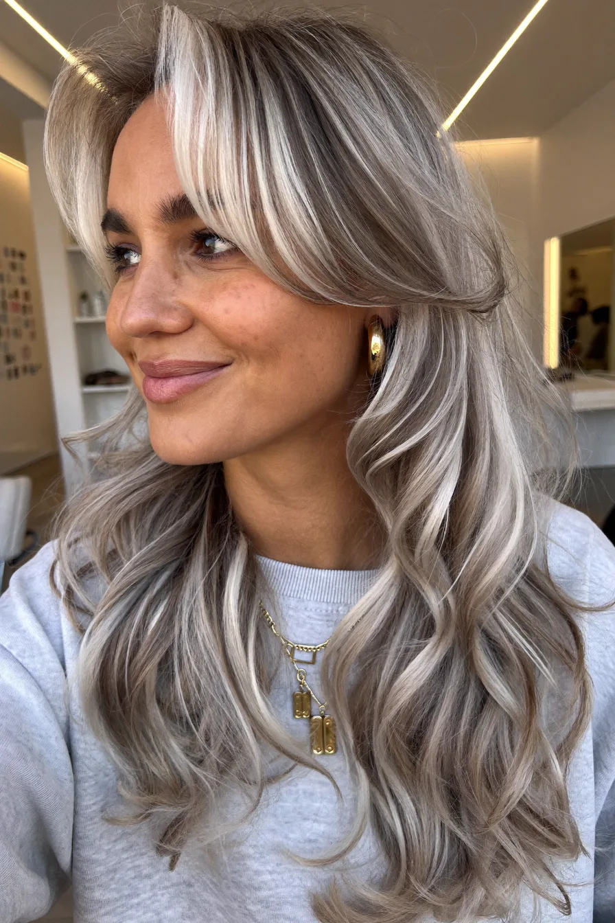 Soft Layered Waves with Face-Framing Silver Gray Highlights