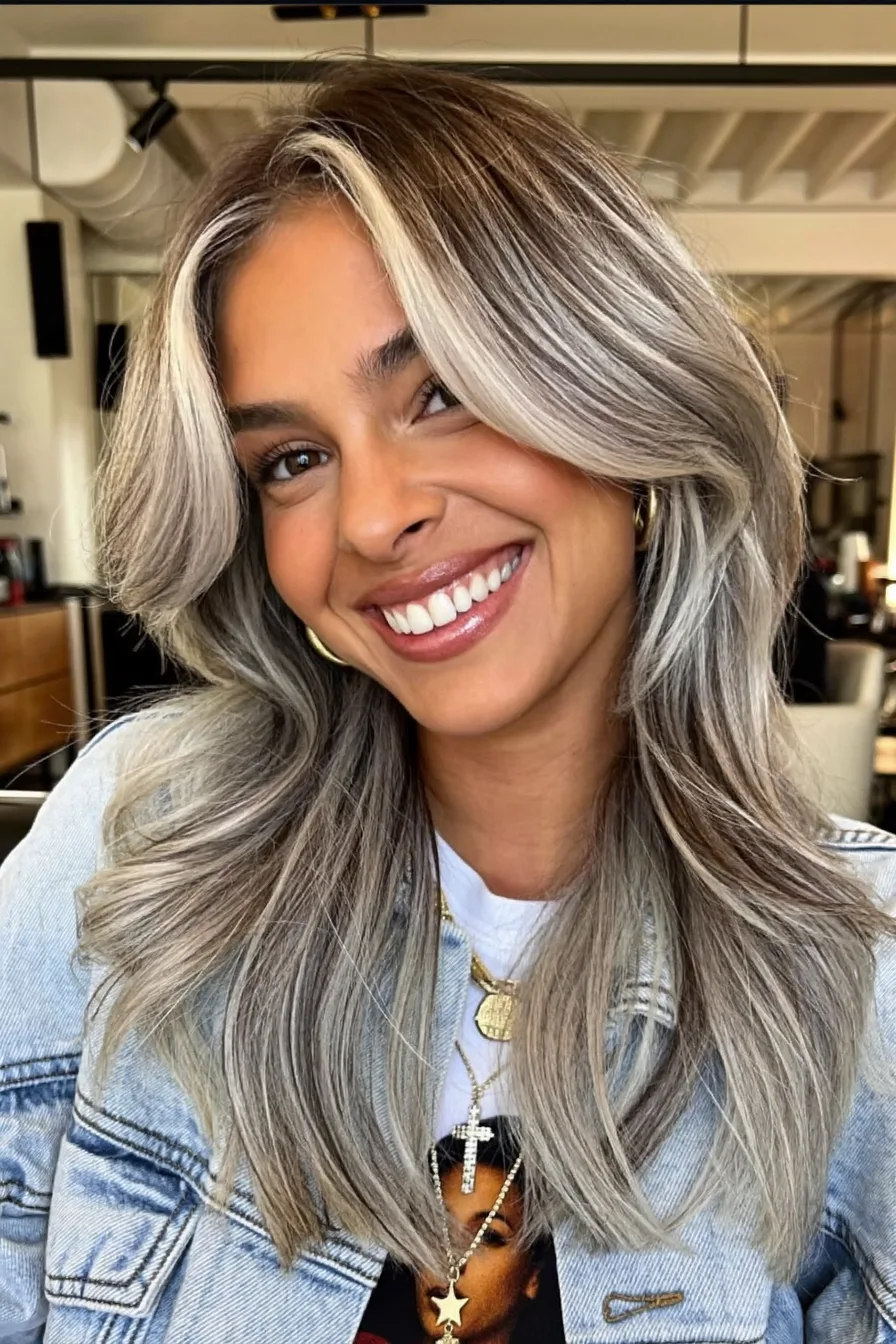 Long Layered Silver Gray with Face-Framing Highlights