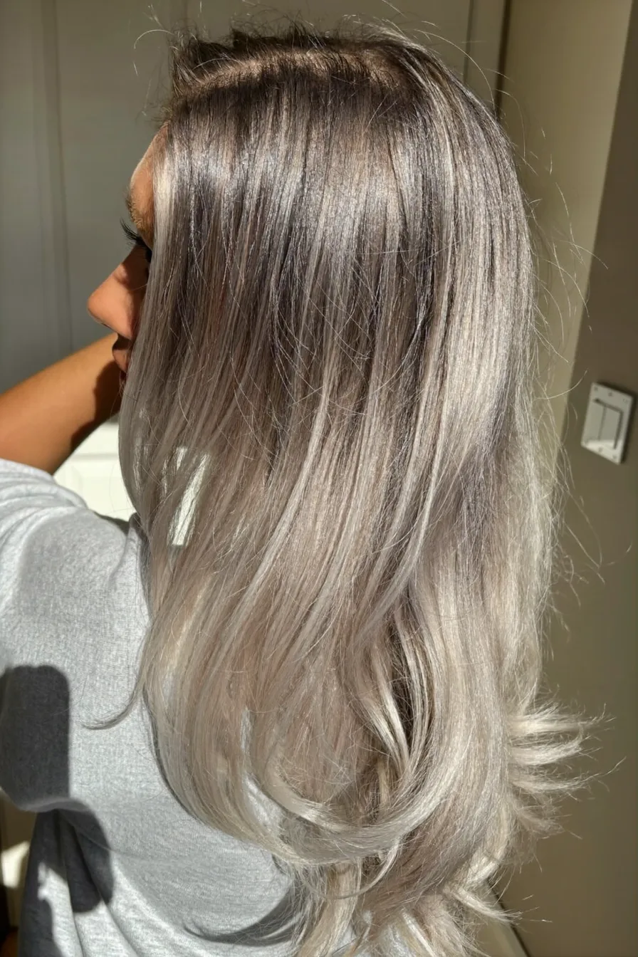 Long Layered Silver Gray With Soft Balayage Dimension
