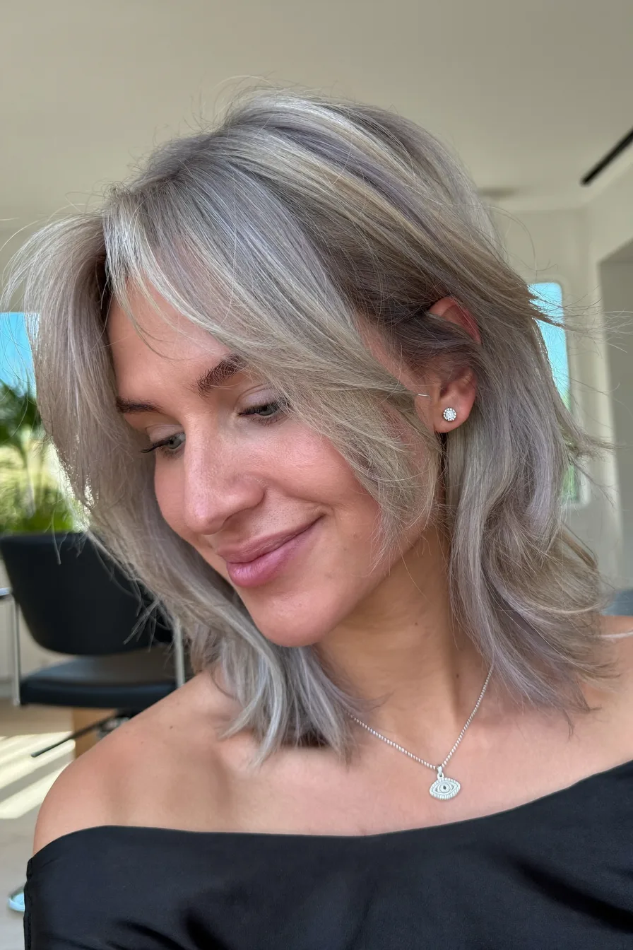Textured Shoulder-Length Layers with Soft Silver Gray Finish
