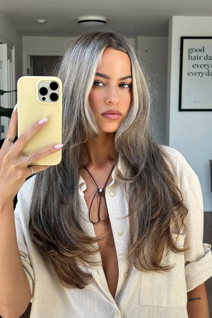 Modern Long Layers with Lived-In Silver Gray Balayage