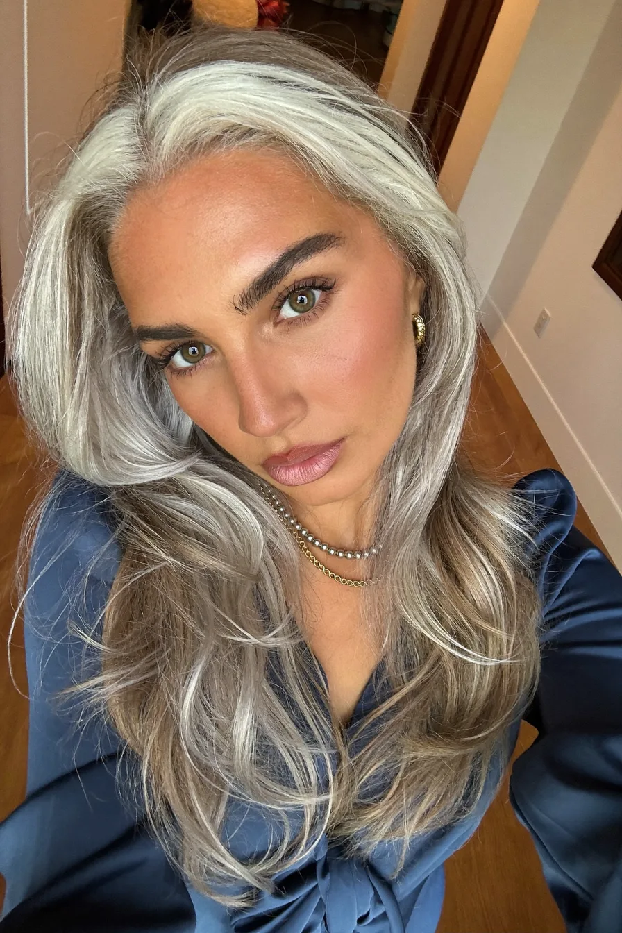 Long Layered Silver Gray Hair with Face-Framing Highlights