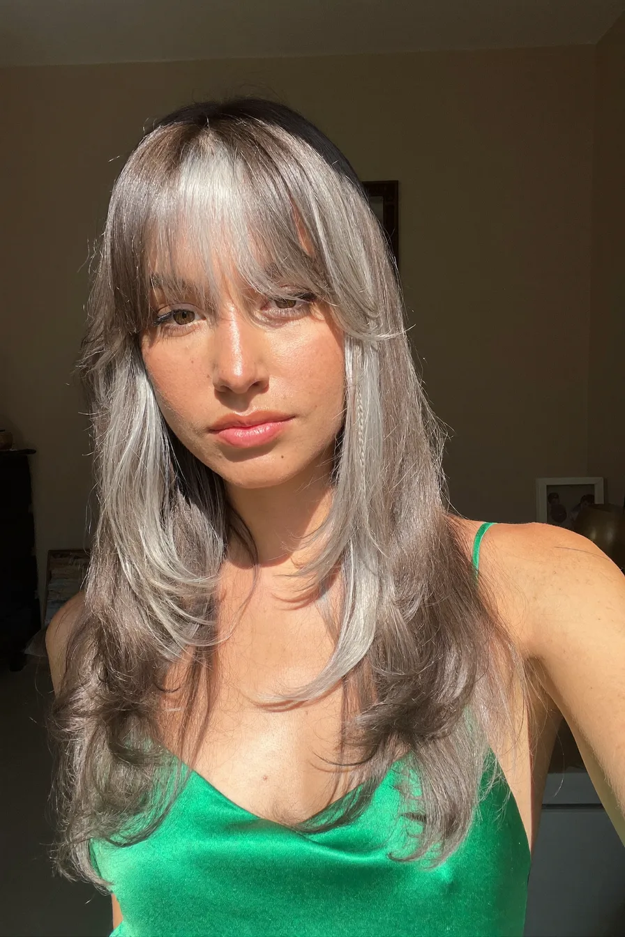 Face-Framing Silver Gray Layers with Soft Curtain Bangs