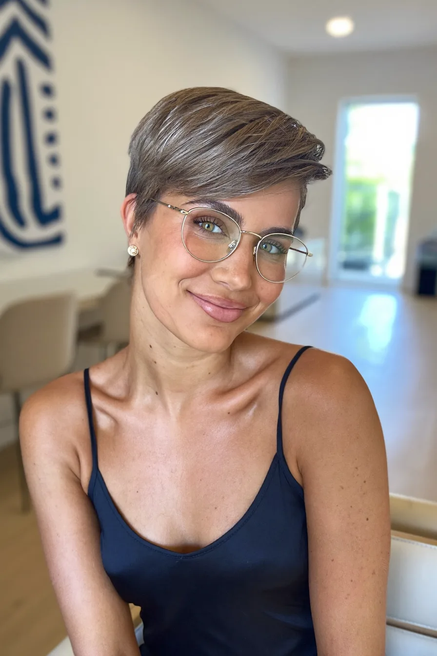 Sophisticated Silver Gray Pixie with Side-Swept Bangs Elegance
