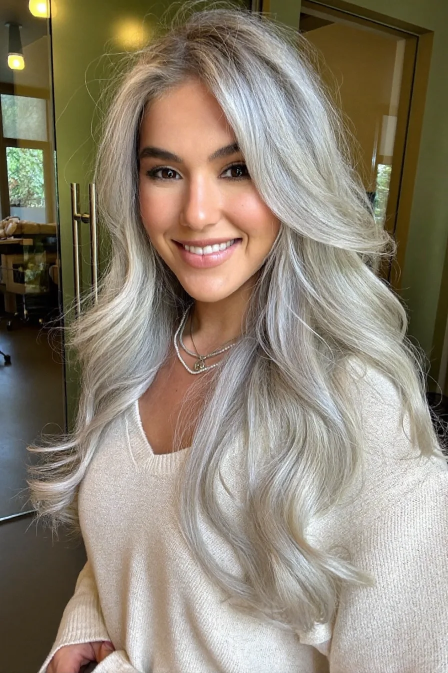 Long Layered Silver Gray Waves with a Voluminous Finish