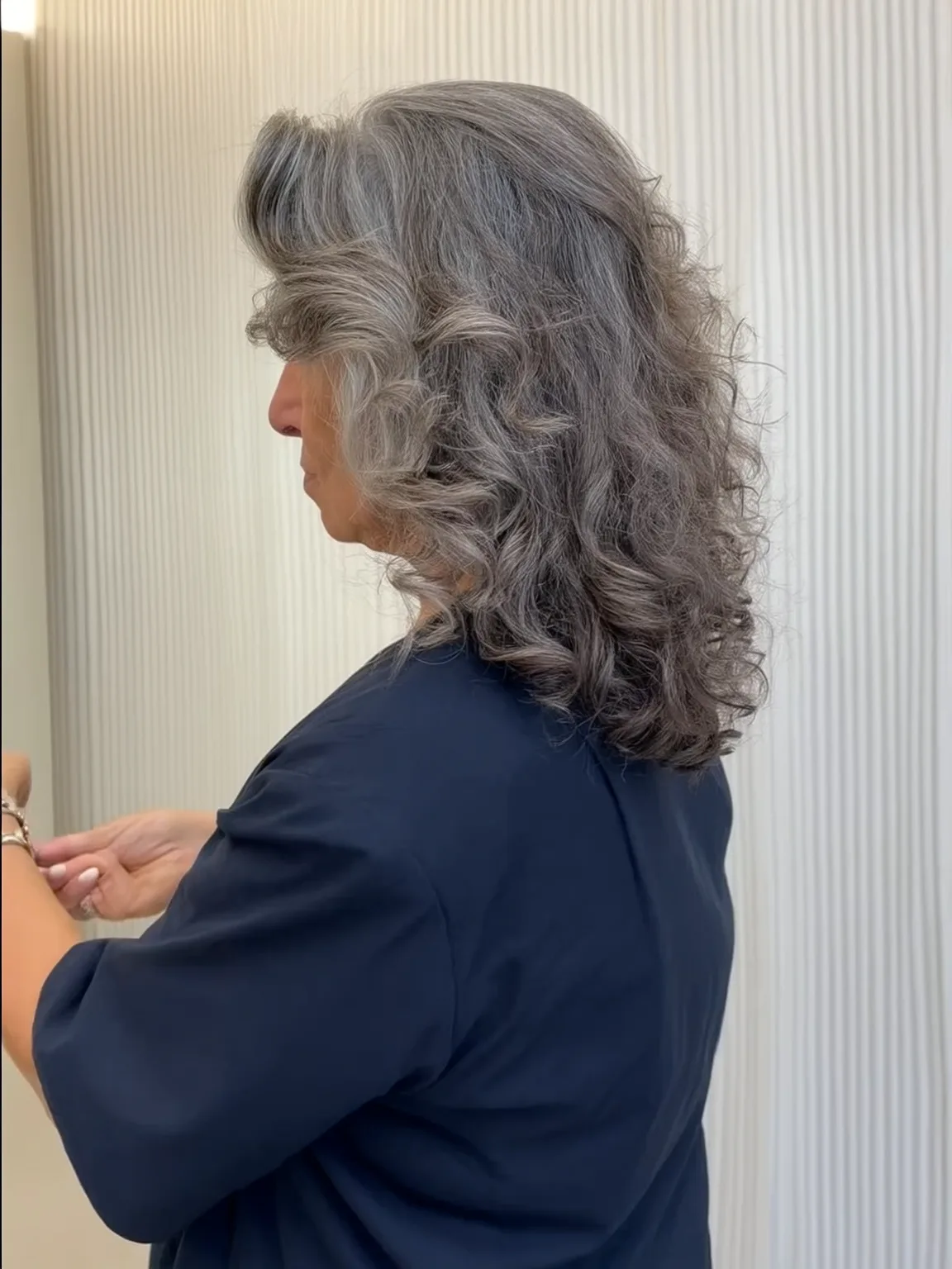 Medium Curly Silver Frost with Side-Swept Bangs