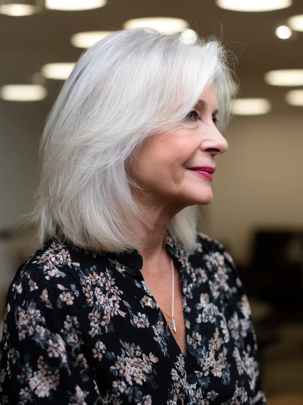Blow-Dried Silver Frost Lob with Side-Swept Bangs
