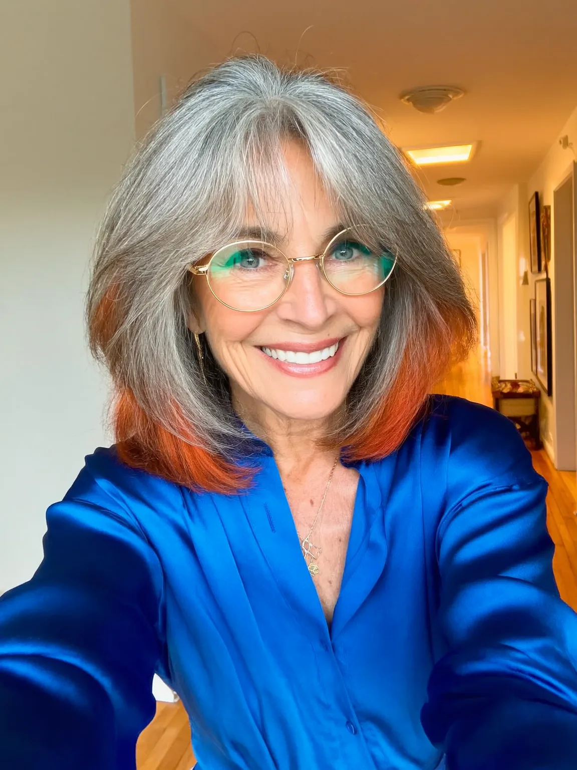 Silver Lob with Warm Copper Ends and Curtain Bangs