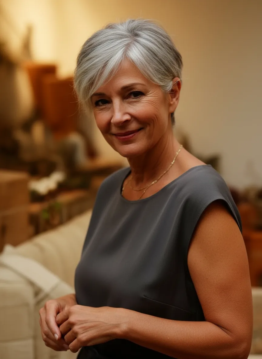Sleek Straight Silver Frost Pixie with Side Bangs