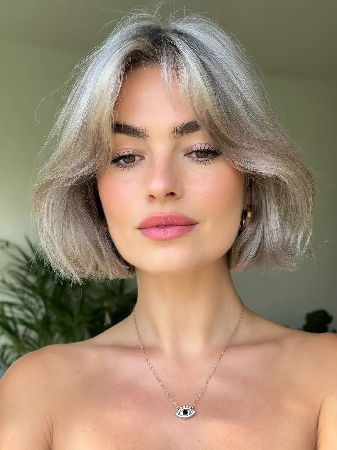 Oval Face Curtain-Bangs Bob in Silver Frost