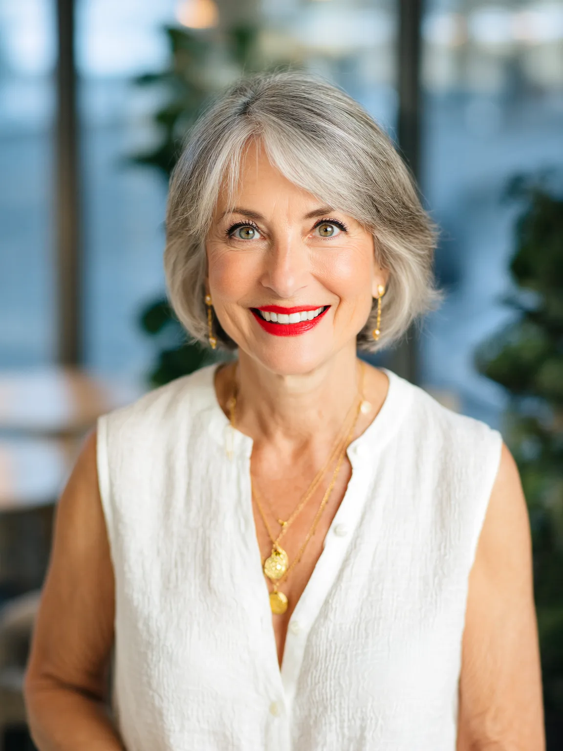 Blow-Dried Silver Gray Bob with Side-Swept Bangs