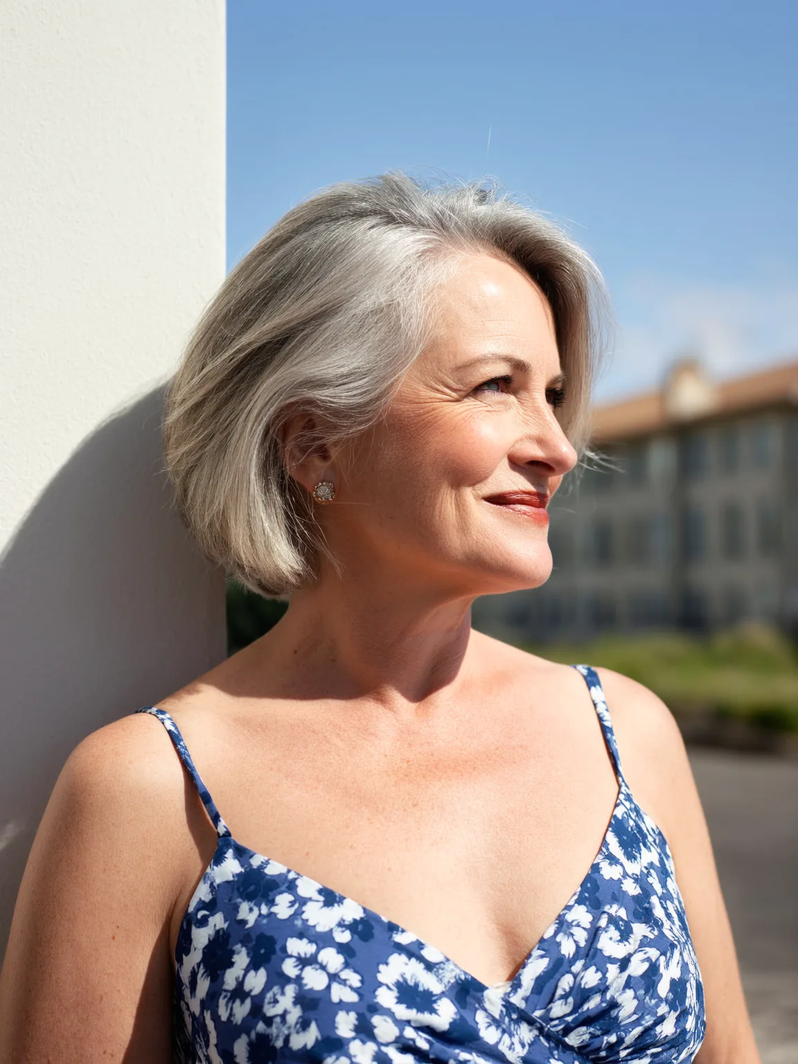 Voluminous Blow-Dried Silver Frost Bob with Side Bangs