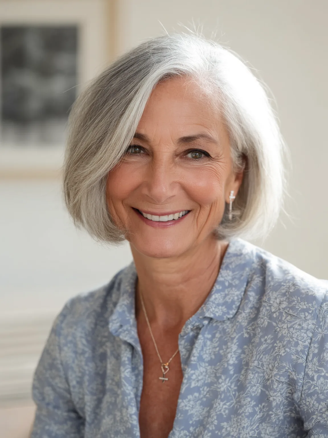 Air-Dried Silver Frost Bob with Side-Swept Bangs