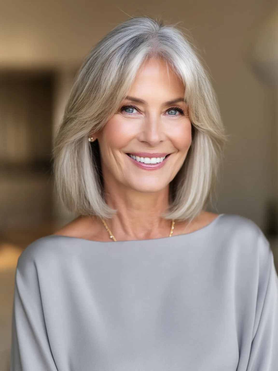 Shoulder-Length Silver Frost Bob with Curtain Bangs