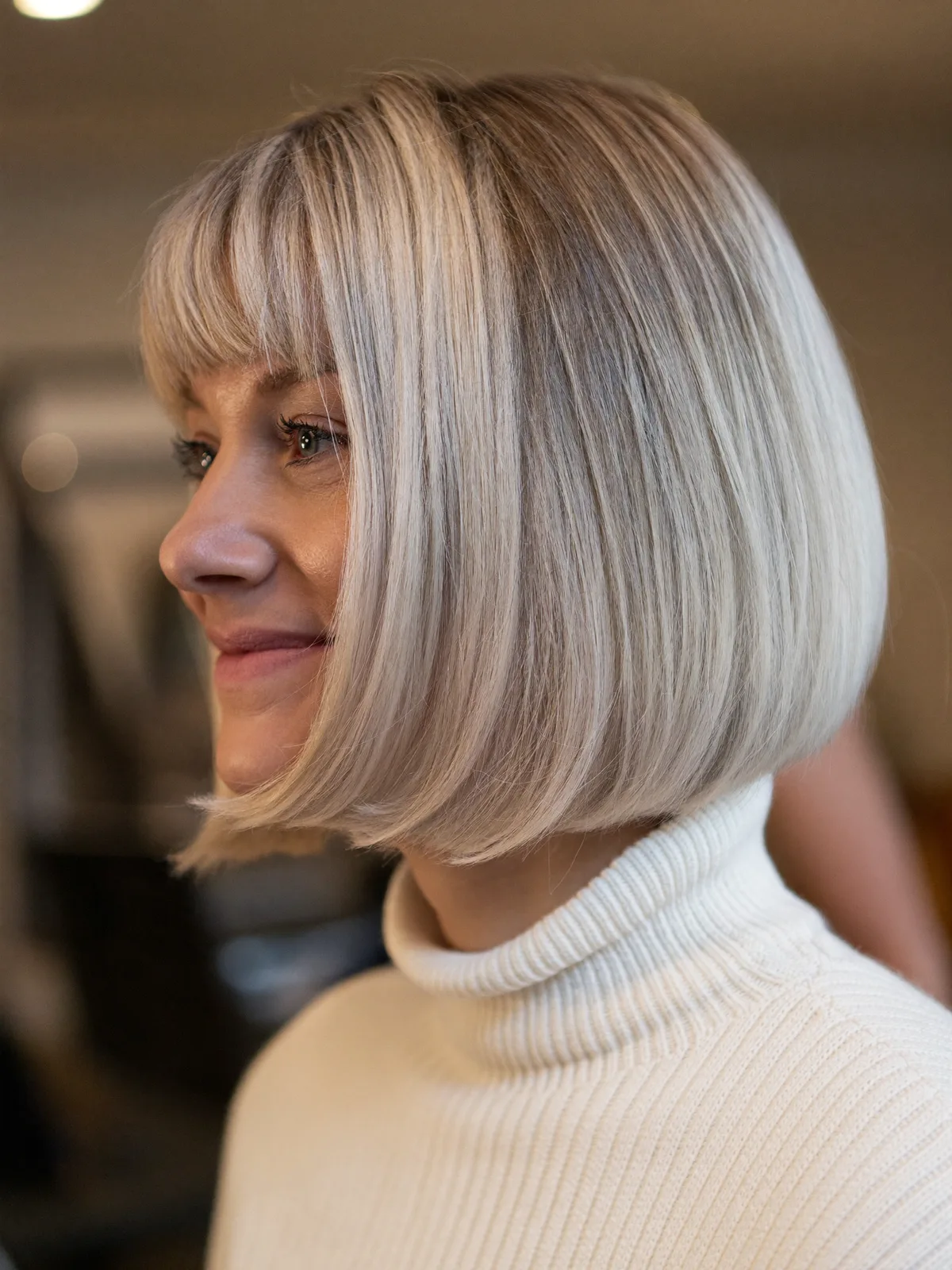 Chic Silver Blonde Bob with Face-Framing Curtain Bangs