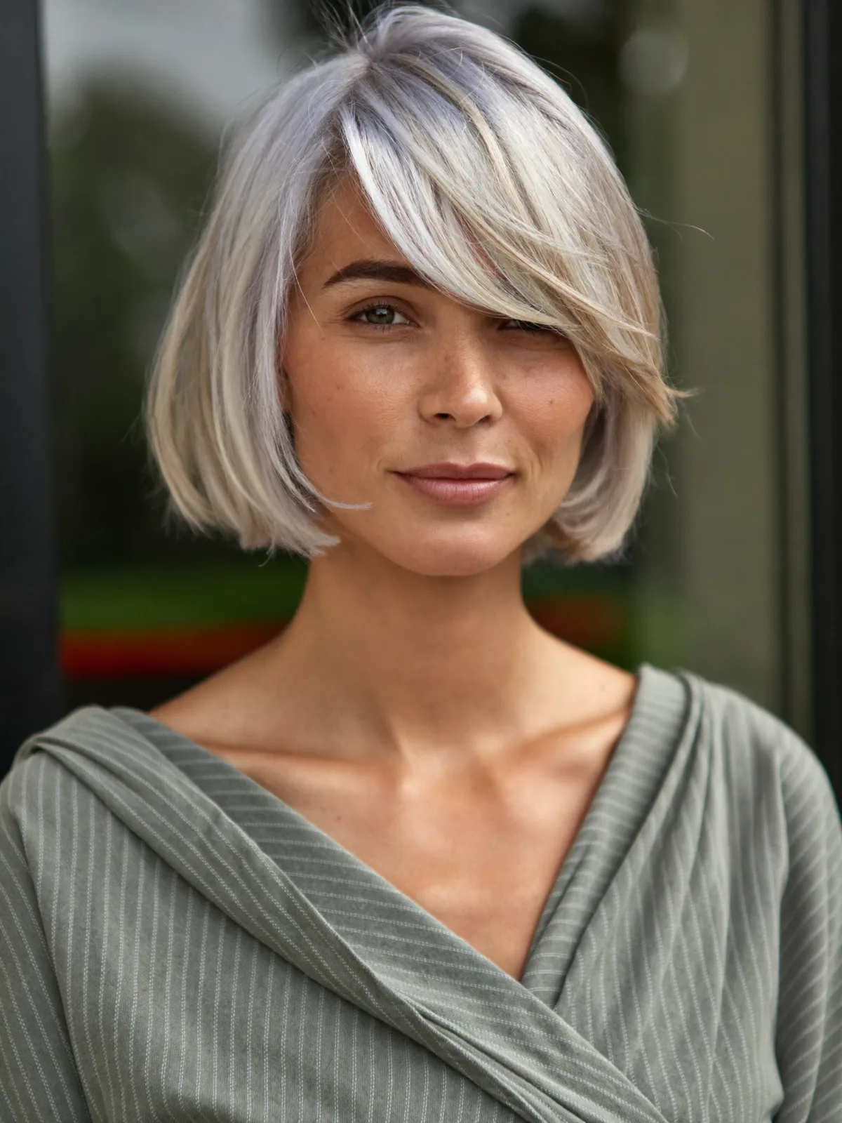 Chic Silver Frost Bob with Soft Curtain Bangs for Face Framing