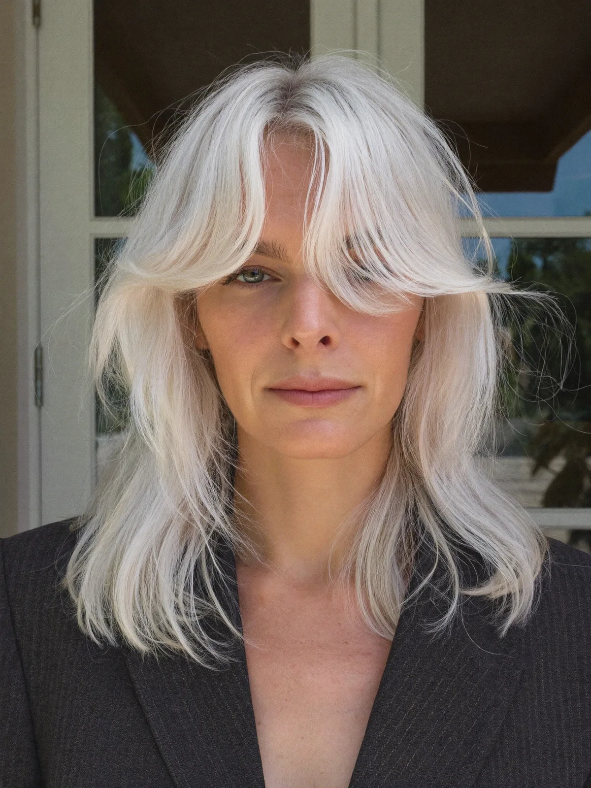 Platinum Silver Layers with Soft Curtain Bangs for Face-Framing Elegance