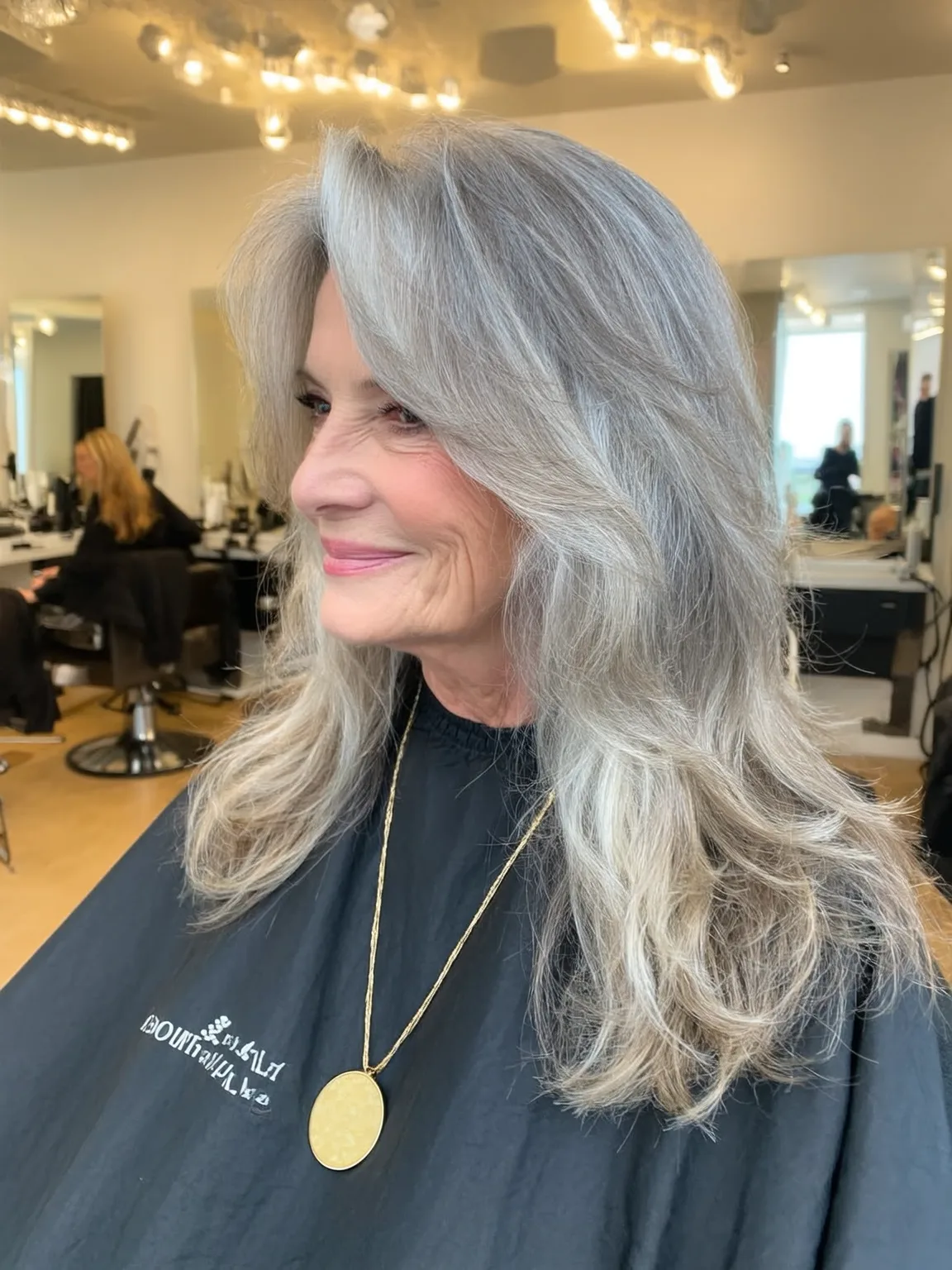 Long Voluminous Silver Frost Layers with Side Bangs