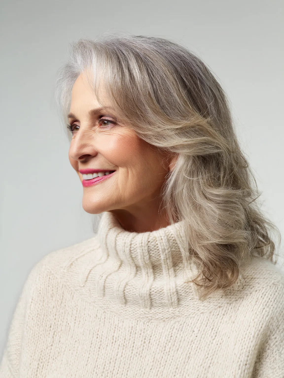 Long Layered Silver Frost Waves with Side-Swept Bangs