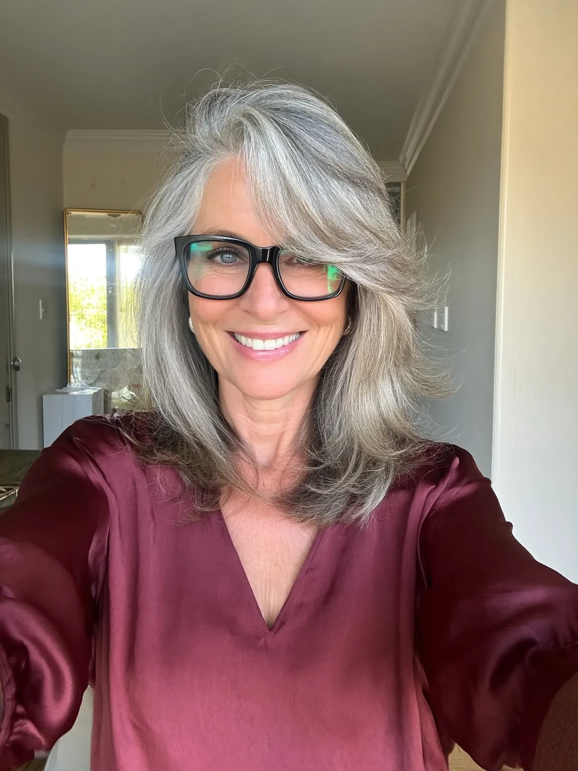 Long Voluminous Wavy Silver Frost Layers with Side Bangs