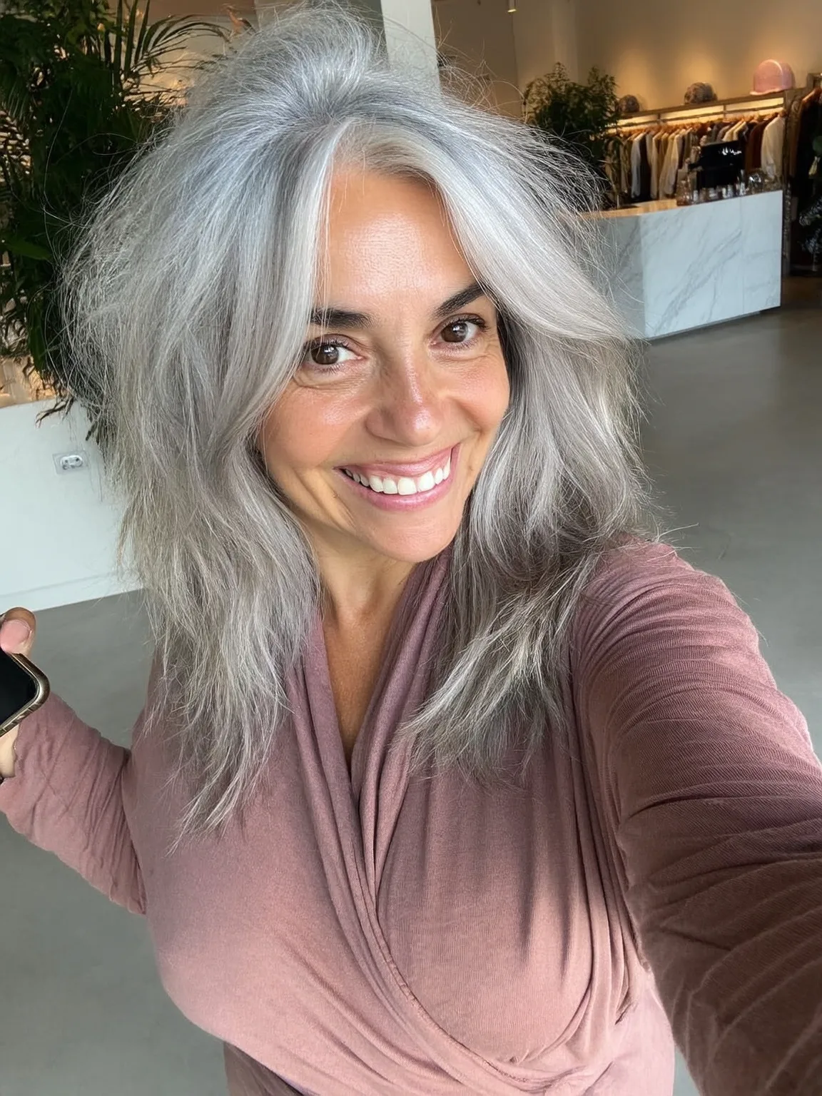 Long Straight Silver Frost Layers with Medium Volume