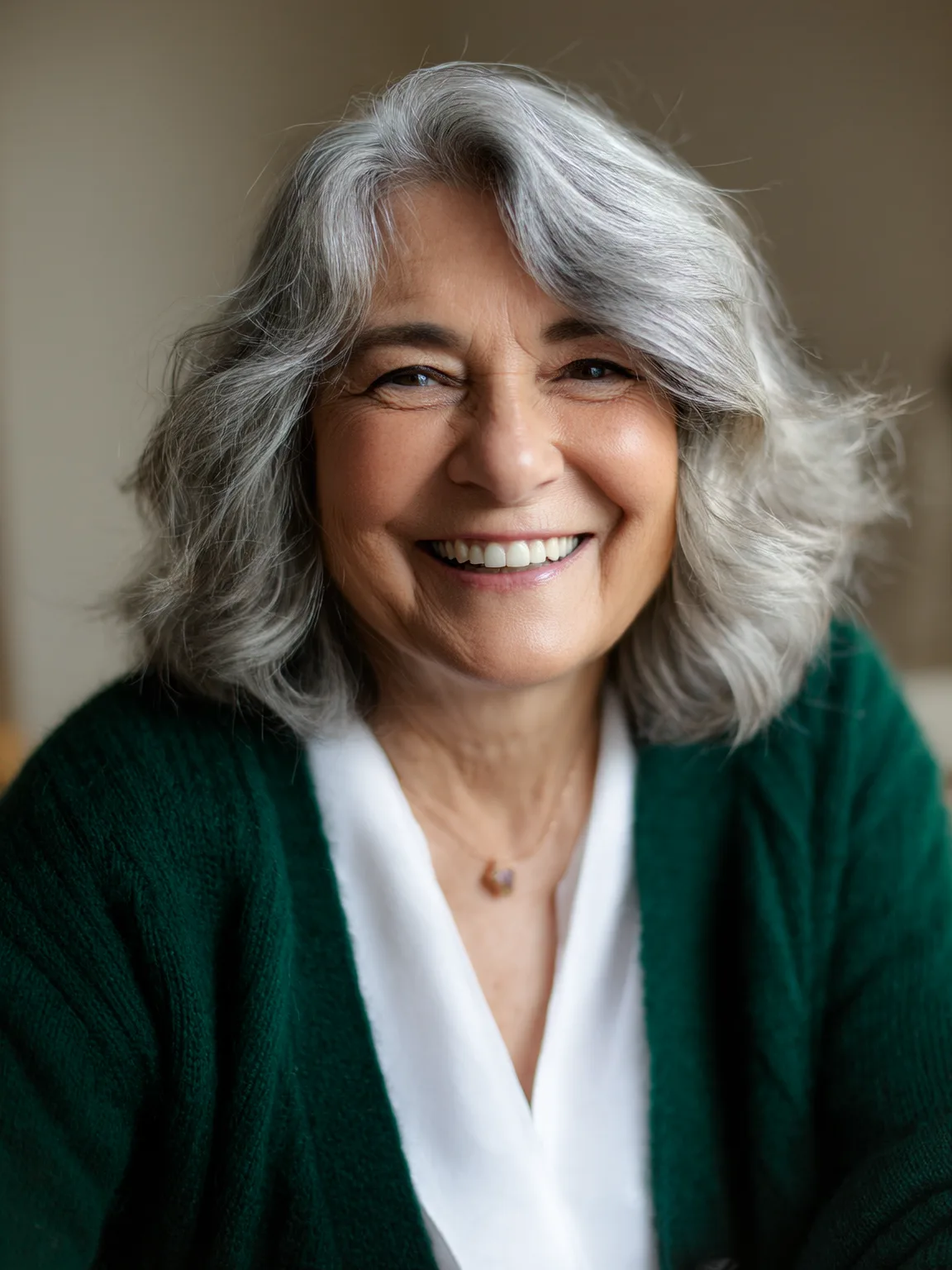 Shoulder-Length Wavy Silver Frost Layers with Side Bangs